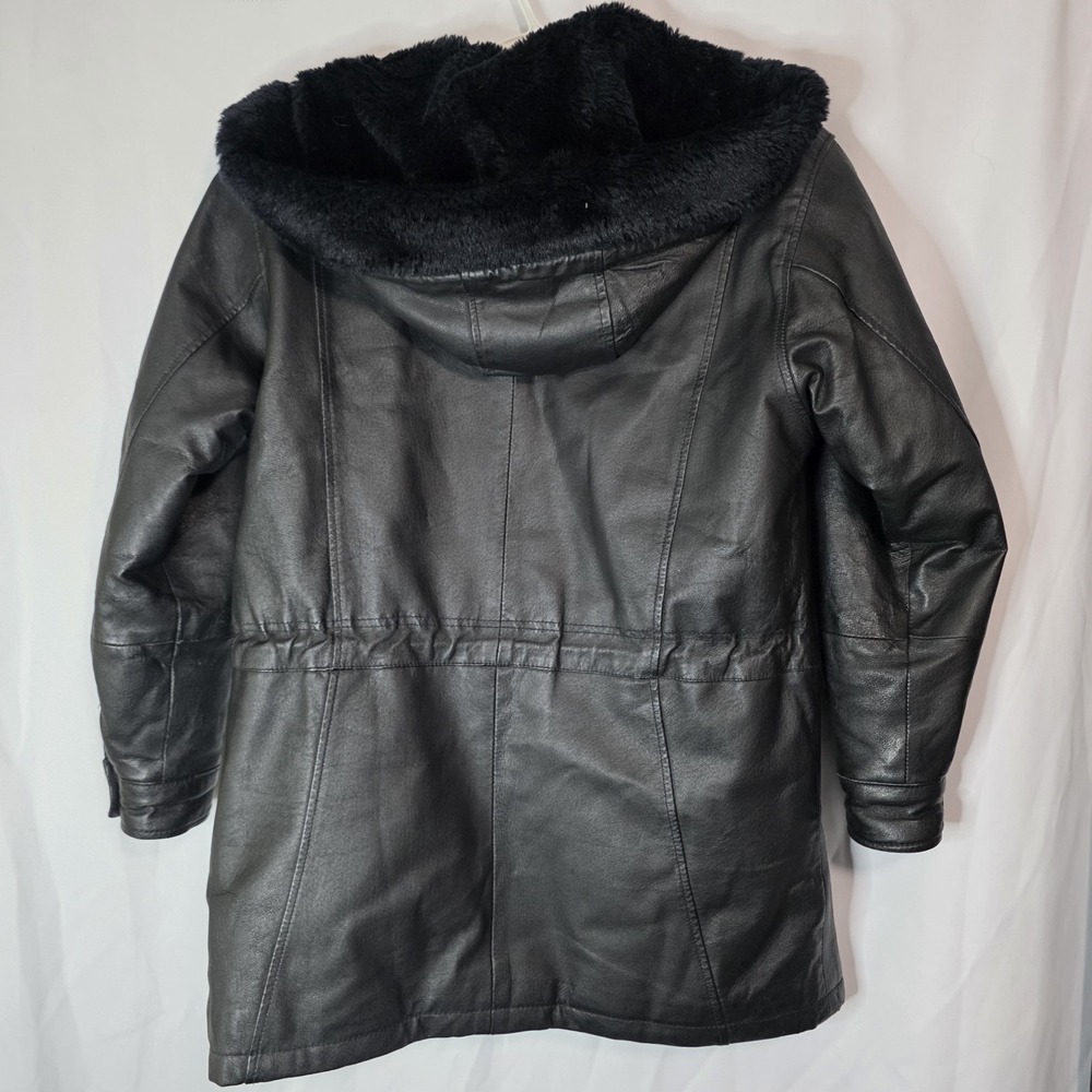 Vintage Genuine Leather Black‎ Coat Faux Fur Hood Y2K Minimalist Jacket - Picture 14 of 16